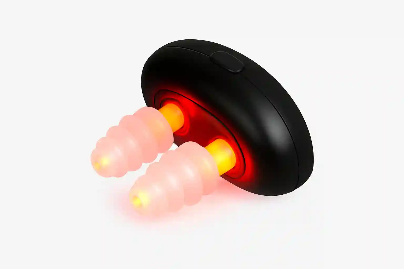 A close-up of the RedBud red light nasal therapy device glowing on a white background, showing its dual soft-tip applicators and compact black body.