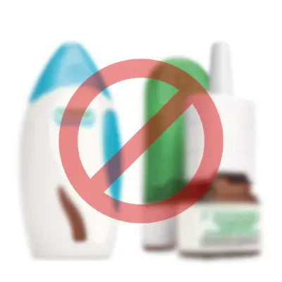 Image of nasal sprays crossed out, promoting RedBud red light therapy as a natural alternative to Flonase and other decongestant sprays for sinus and allergy relief.