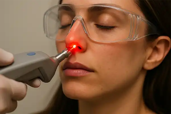 Patient receiving professional nasal red light therapy treatment, an advanced sinus and allergy relief alternative to Flonase, Zyrtec, Cleriva, NoMoreColds, and traditional nasal sprays.