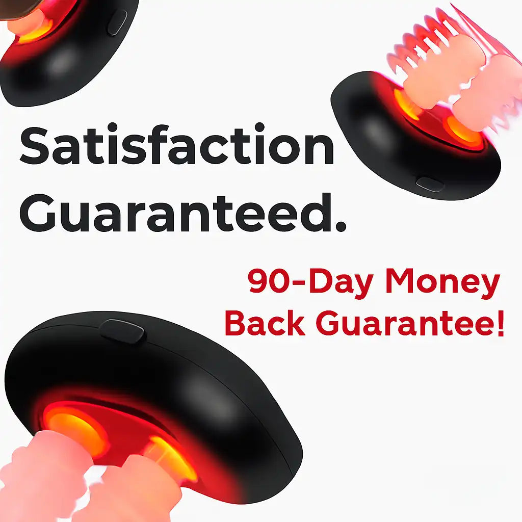RedBud nasal therapy device with red light shown in use, highlighting 90-day money back guarantee for allergy and congestion relief.
