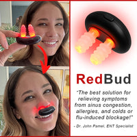 Woman using RedBud nasal red light therapy device, highlighting safe, side-effect-free, and scientifically tested wellness technology.