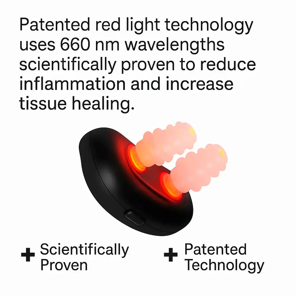 Close-up of RedBud device emitting 660 nm red light, scientifically proven to reduce nasal inflammation and promote healing.