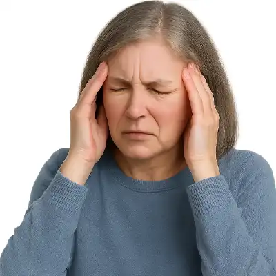 Woman about 40 years old suffering from sinus pressure and allergy-induced headache, seeking relief without medications like Advil, Flonase, or decongestants.