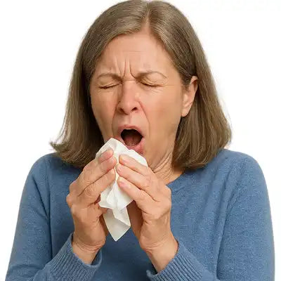 Older woman about 50 years old sneezing from seasonal allergies and sinus congestion, needs relief without allergy medications like Claritin, Zyrtec, or nasal sprays like Flonase.