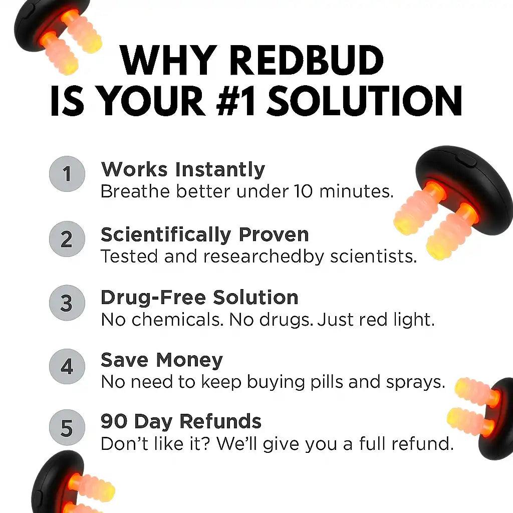 Top 5 reasons to choose RedBud nasal therapy device including fast results, drug-free use, scientific validation, and easy refunds.