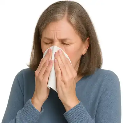 Older woman about 70 years old blowing her nose from severe nasal congestion and seasonal allergies, searching for effective sinus relief without Zyrtec, Claritin, or allergy pills.